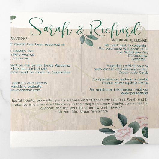 Aangepaste Monogram Blush Bloemen Trouwfoto Drieluik Uitnodiging (Binnenzijde eerst)