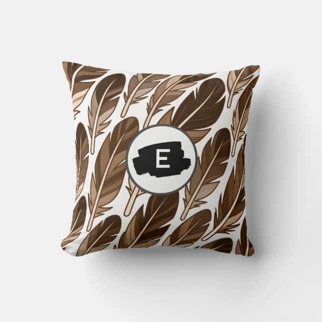 Aangepaste Monogram Boho Sierkussen – Bruine Veren (Voorkant)