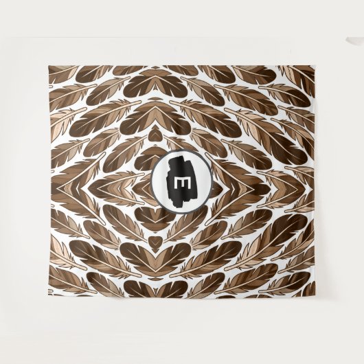 Aangepaste Monogram Boho Tapestry – Bruine Veren Wandkleed (Voorkant (horizontaal))