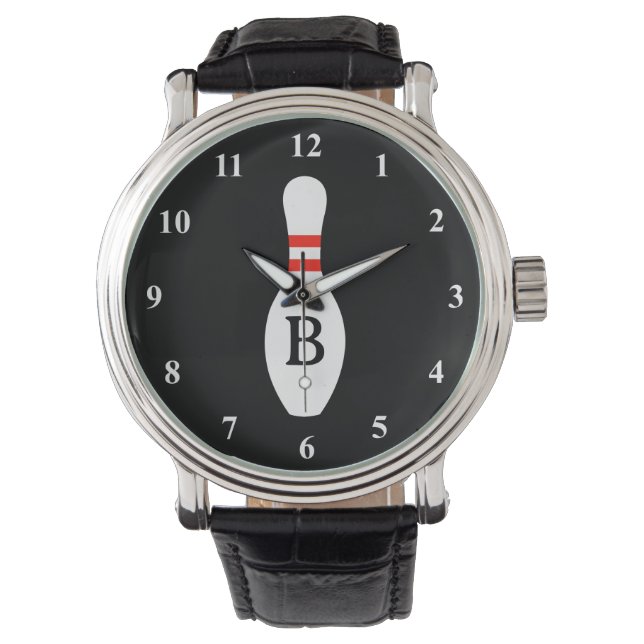 Aangepaste monogram bowling pin horloge voor manne (Voorkant)