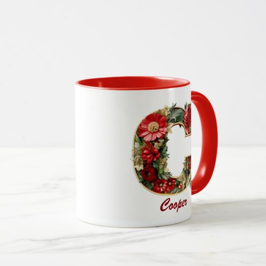 Aangepaste  Monogram C Christmas Red Gold Mok (Voorkant rechts)