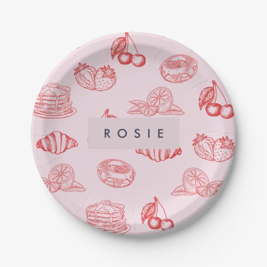 Aangepaste Monogram Charming Girly Cherry Strawber Papieren Bordje (Voorkant)