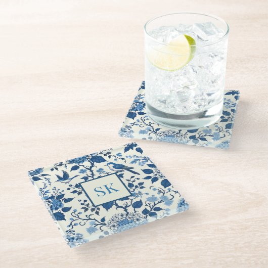 Aangepaste Monogram Chinoiserie Chic, Hydrangeas Glazen Onderzetter (Schuin)