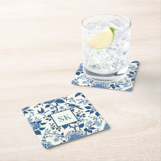 Aangepaste Monogram Chinoiserie Chic, Hydrangeas Kartonnen Onderzetters (Insitu)