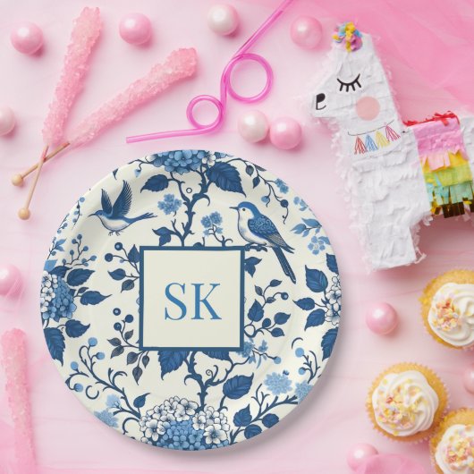 Aangepaste Monogram Chinoiserie Chic, Hydrangeas Papieren Bordje (Feest)