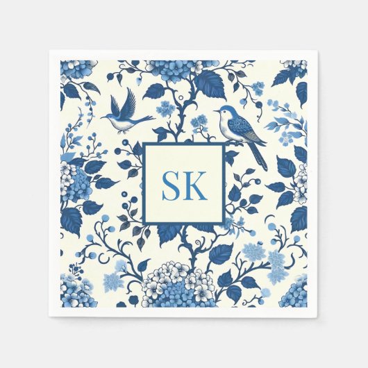 Aangepaste Monogram Chinoiserie Chic, Hydrangeas Servet (Voorkant)