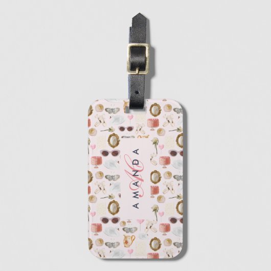 Aangepaste Monogram Coquette Schattige Girly Roze Bagagelabel (Voorkant (verticaal))
