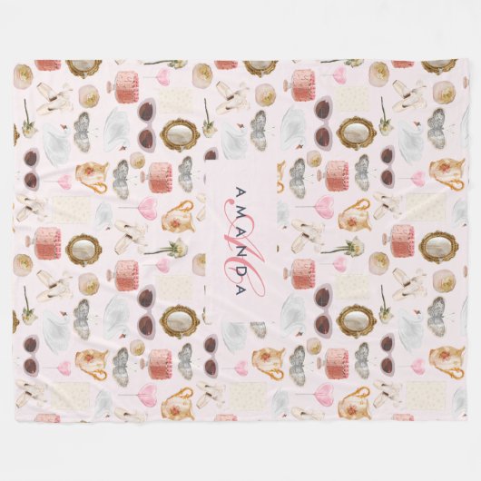 Aangepaste Monogram Coquette Schattige Girly Roze  Fleece Deken (Voorkant (Horizontaal))