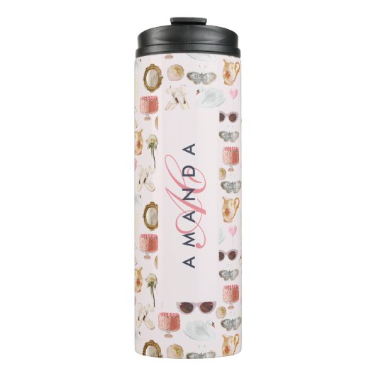 Aangepaste Monogram Coquette Schattige Girly Roze Thermosbeker (Voorkant)