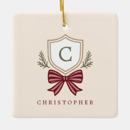 Aangepaste Monogram Crest Bow Kerstmis Keramisch Ornament