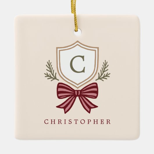 Aangepaste Monogram Crest Bow Kerstmis Keramisch Ornament (Voorkant)