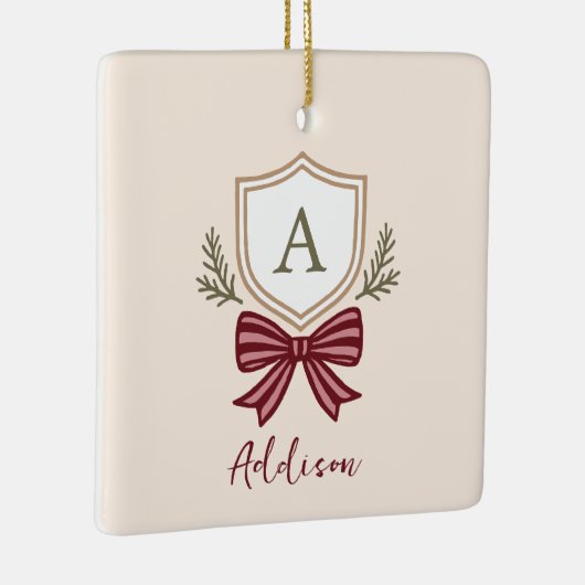 Aangepaste Monogram Crest Bow Kerstmis Keramisch Ornament (Rechts)