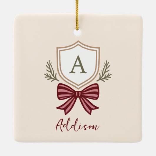 Aangepaste Monogram Crest Bow Kerstmis Keramisch Ornament (Achterkant)