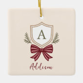Aangepaste Monogram Crest Bow Kerstmis Keramisch Ornament (Voorkant)