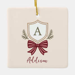 Aangepaste Monogram Crest Bow Kerstmis Keramisch Ornament