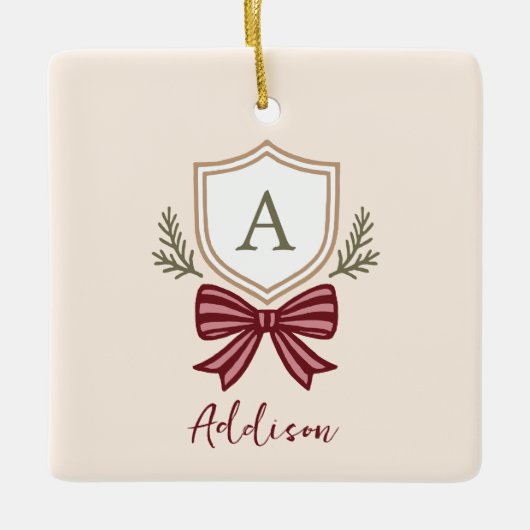 Aangepaste Monogram Crest Bow Kerstmis Keramisch Ornament (Voorkant)