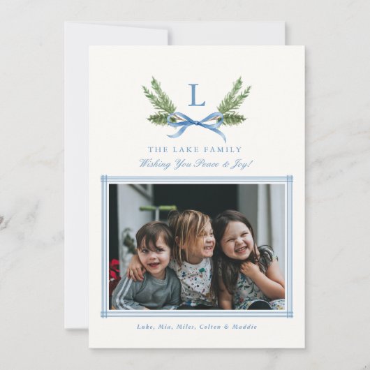 Aangepaste Monogram Crest foto vakantie kaarten (Voorkant)