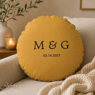Aangepaste Monogram Datum Mosterdgeel Rond Kussen