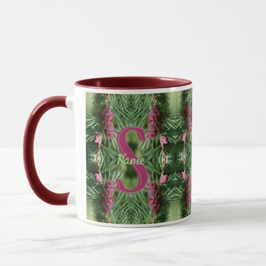 Aangepaste monogram eerste letter naam dennenappel mok (Links)