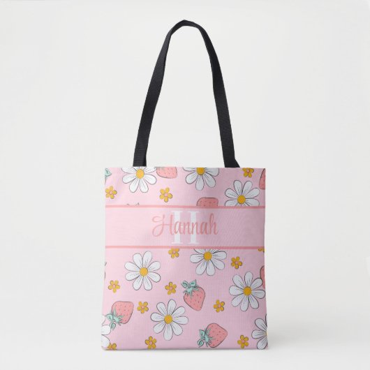 Aangepaste Monogram Elegant Strawberry Daisy Pink Tote Bag (Voorkant)