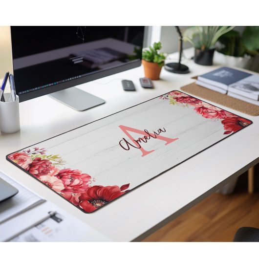Aangepaste monogram Elegante rode bloem Bureaumat