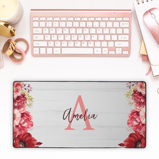 Aangepaste monogram Elegante rode bloem Bureaumat