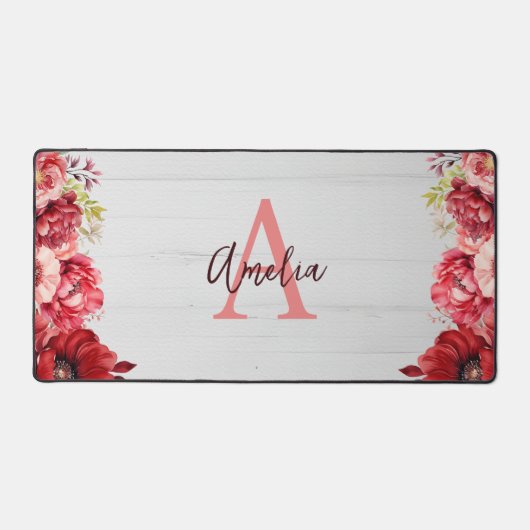 Aangepaste monogram Elegante rode bloem Bureaumat (Voorkant)