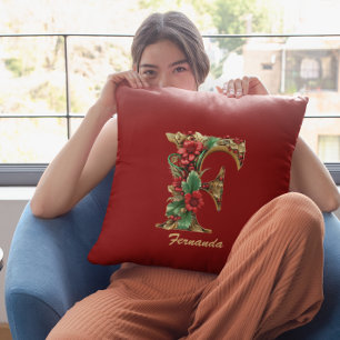 Aangepaste  Monogram F Christmas Red Gold Kussen