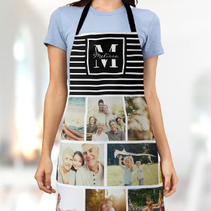Aangepaste Monogram Familie Fotocollage Chic Zwart Schort