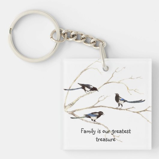 Aangepaste Monogram Familie Quote Magpie Vogels Sleutelhanger (Voorkant)