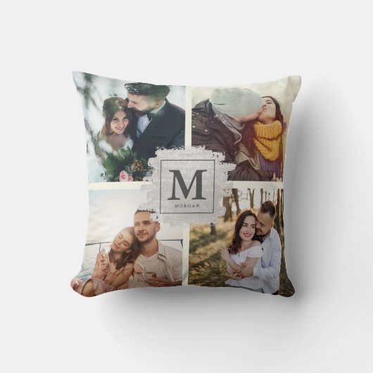 Aangepaste monogram familienaam bruiloftsfotocolla kussen (Voorkant)