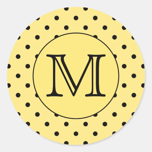 Aangepaste Monogram Geel en Zwart Polka Dot Patroo Ronde Sticker (Voorkant)