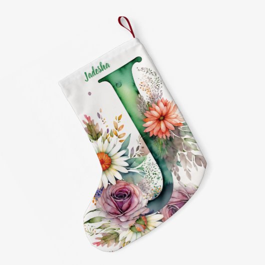 Aangepaste Monogram Gepersonaliseerde Bloemen Wate Kleine Kerstsok (Achterkant (Hangend))
