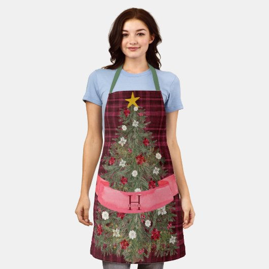 Aangepaste Monogram geruite + Waterverf kerstboom Schort (Gedragen)