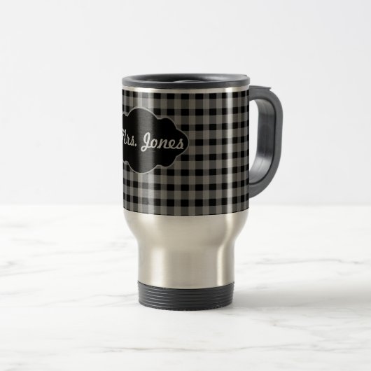 Aangepaste monogram Gingham Black Grey Coffee Cup  Reisbeker (Voorkant rechts)