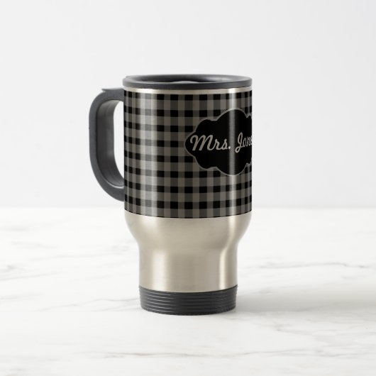 Aangepaste monogram Gingham Black Grey Coffee Cup  Reisbeker (Voorkant links)