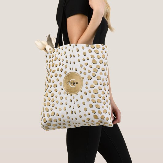 Aangepaste Monogram Gold Cheetah Animal Print Tote Bag (Dichtbij)