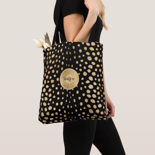 Aangepaste Monogram Gold Cheetah Animal Print Tote Bag (Dichtbij)