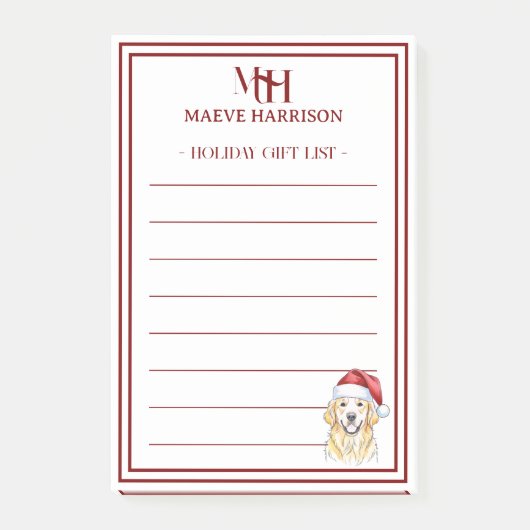 Aangepaste Monogram Golden Retriever Holiday Gift  Post-it® Notes (Voorkant)