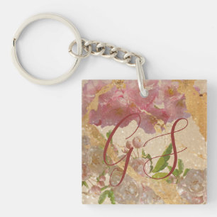 Aangepaste Monogram Gouden Shimmer & Roze Bloemen Sleutelhanger