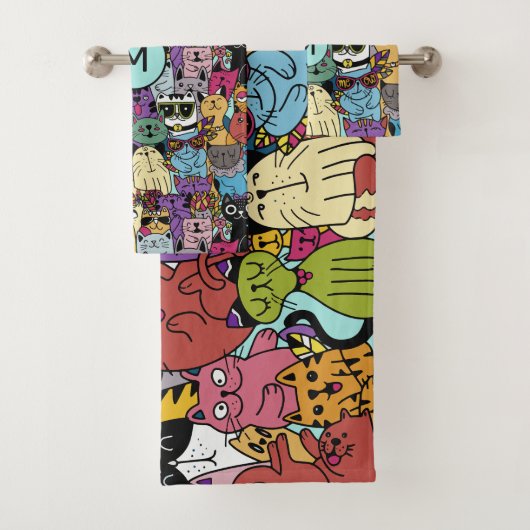Aangepaste Monogram Grappige Katten Illustratie Bad Handdoek (Insitu)
