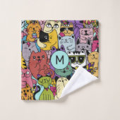 Aangepaste Monogram Grappige Katten Illustratie Bad Handdoek (Wasdoekje)
