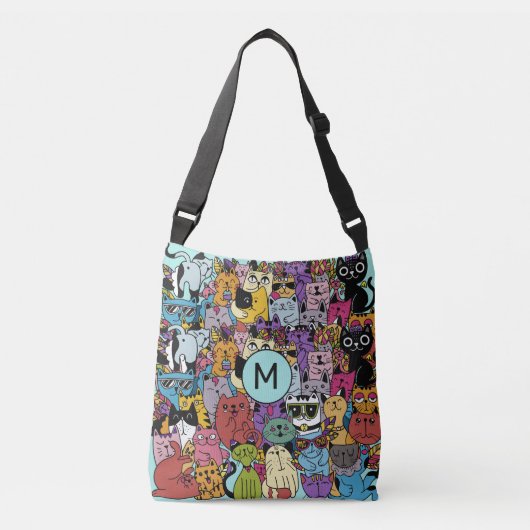 Aangepaste Monogram Grappige Katten Illustratie Crossbody Tas (Voorkant)