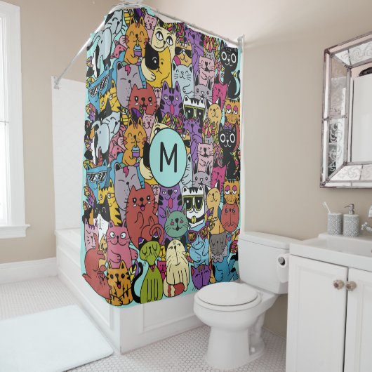 Aangepaste Monogram Grappige Katten Illustratie Douchegordijn (In situ)