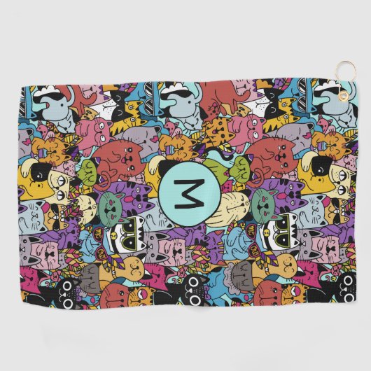 Aangepaste Monogram Grappige Katten Illustratie Golfhanddoek (Horizontaal)