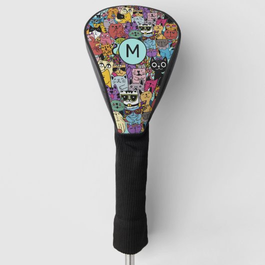 Aangepaste Monogram Grappige Katten Illustratie Golfheadcover (Voorkant)