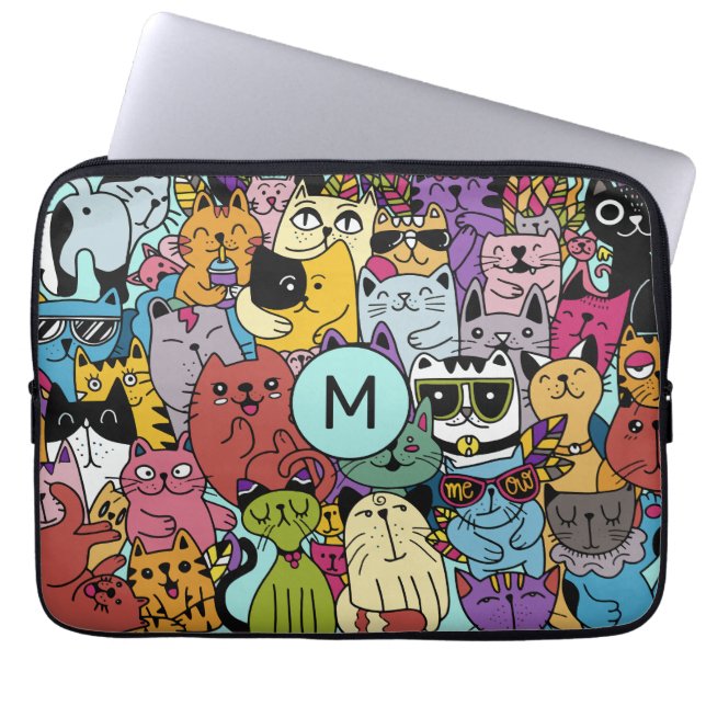 Aangepaste Monogram Grappige Katten Illustratie Laptop Sleeve (Voorkant)