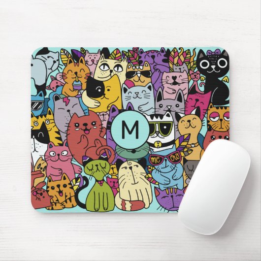 Aangepaste Monogram Grappige Katten Illustratie Muismat (Met muis)