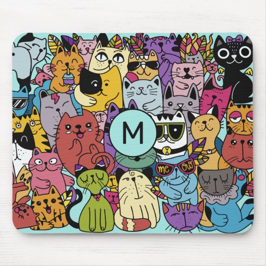 Aangepaste Monogram Grappige Katten Illustratie Muismat (Voorkant)