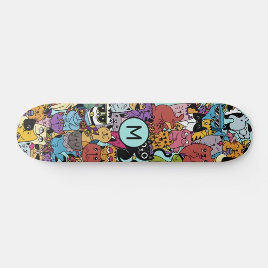 Aangepaste Monogram Grappige Katten Illustratie Persoonlijk Skateboard (Horizontaal)